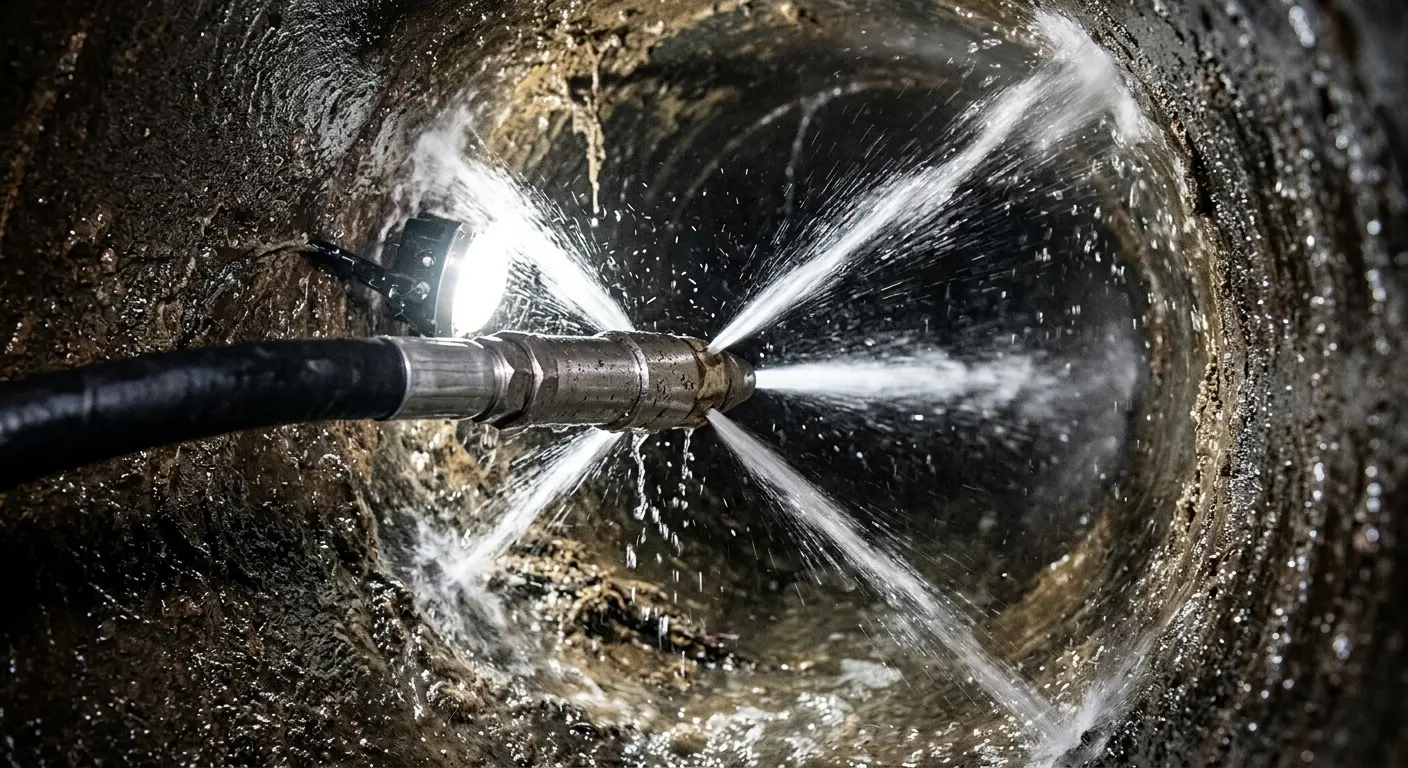 High-pressure hydro jetting nozzle cleaning sewer pipe for Emergency Drain Service in Spanish Fork