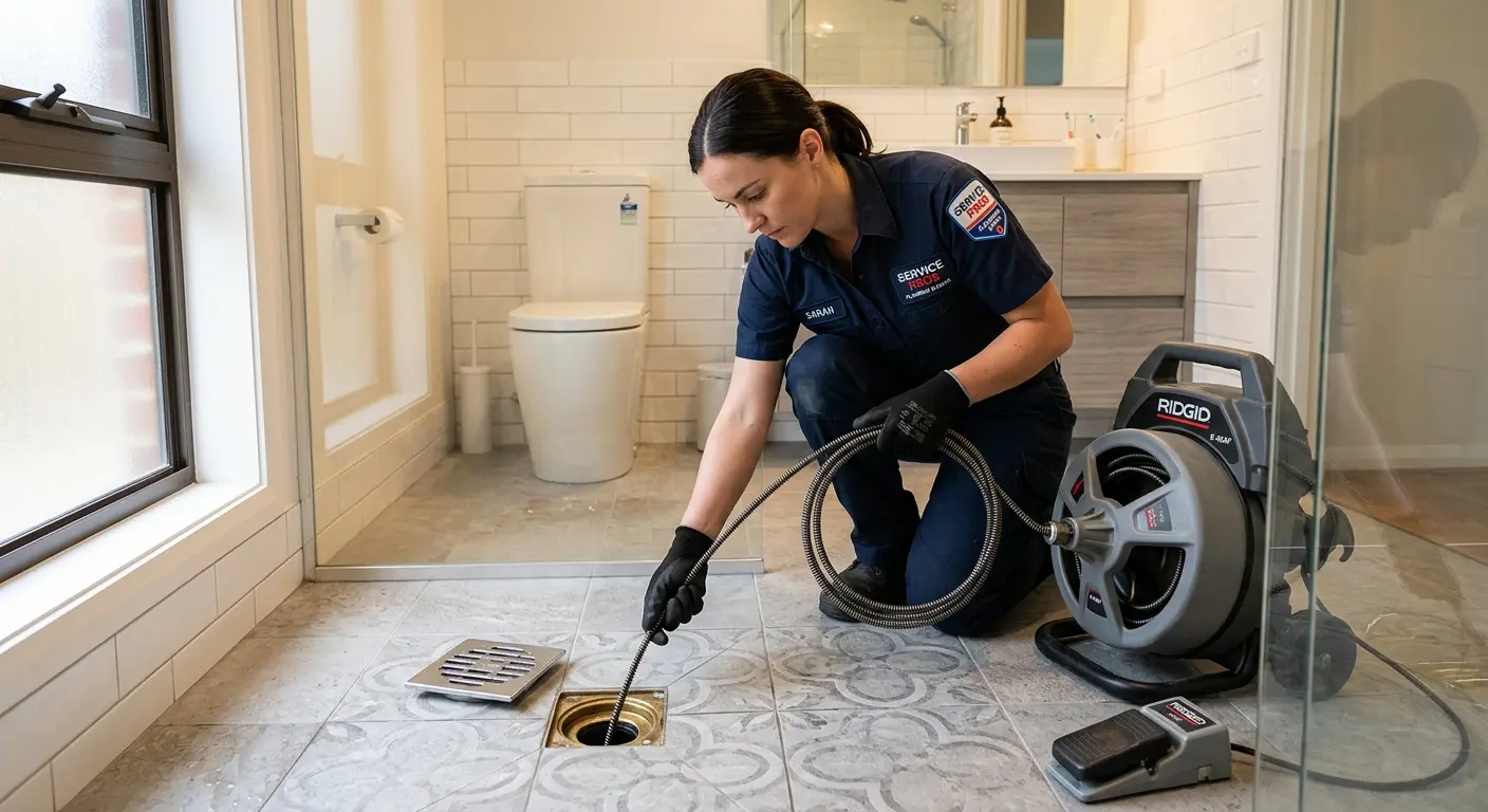 Technician clearing a bathroom floor drain for Drain Cleaning in Spanish Fork
